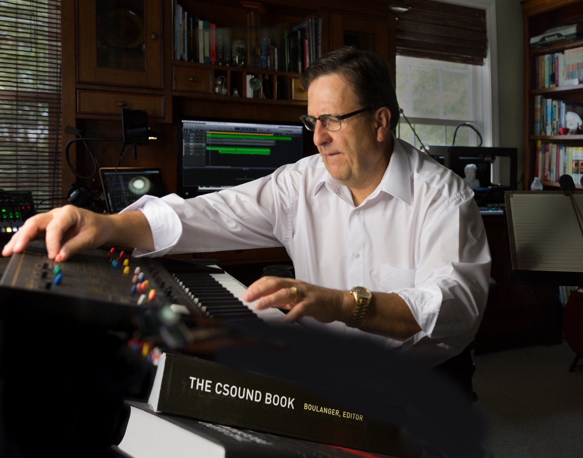 Dr. Boulanger at keyboard with The Csound Book
