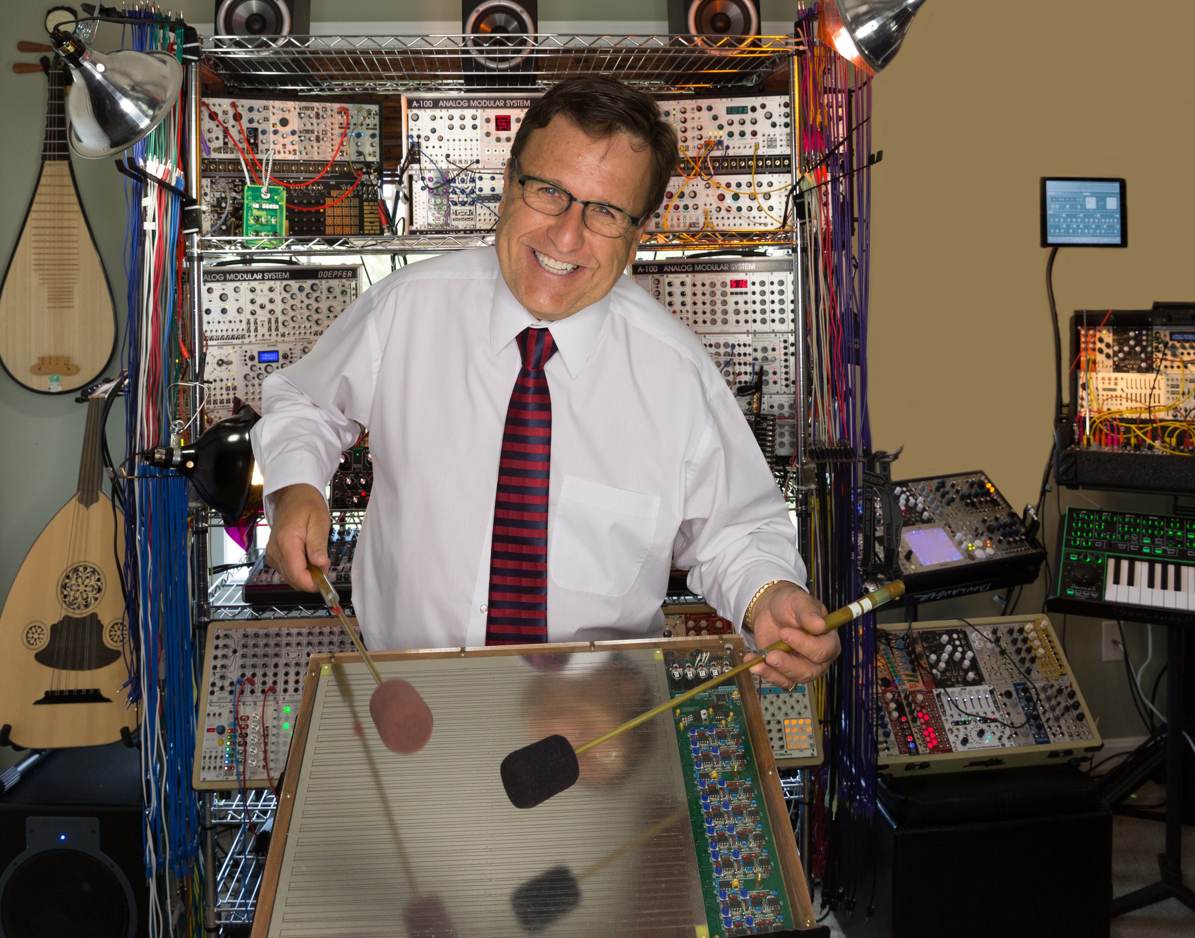 Dr. Boulanger with Radio Baton, full studio behind